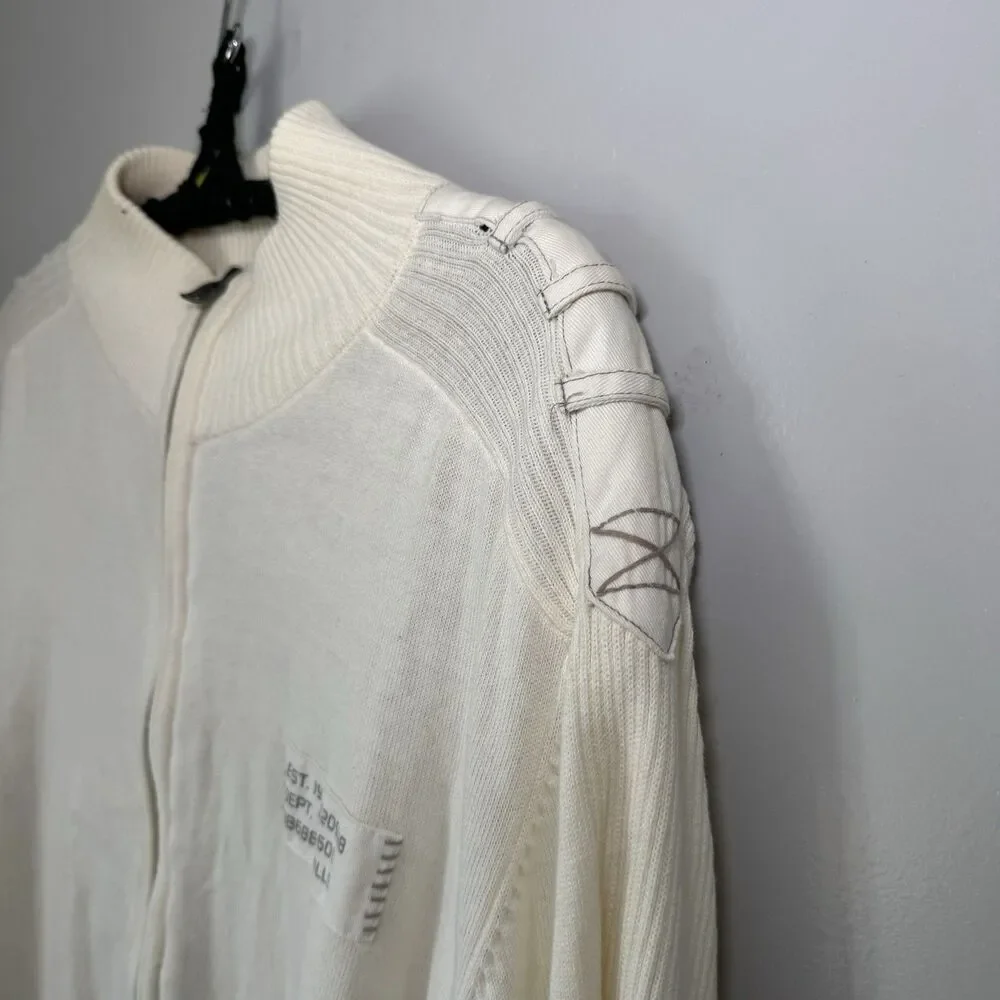 Vintage Men's Buckle Grunge Cream/Off White Cotton Ribbed Zip Up Sweater Sz Lg
